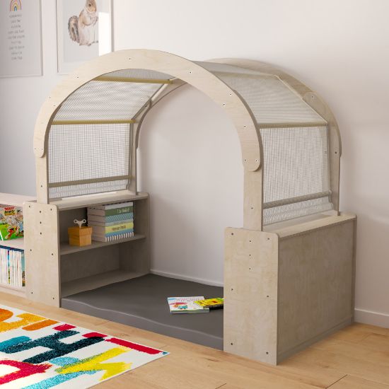 Picture of Flash Furniture Bright Beginnings Commercial-Grade Quiet Corner Reading Nook With 2 Storage Shelf Units And Canopy, Beech