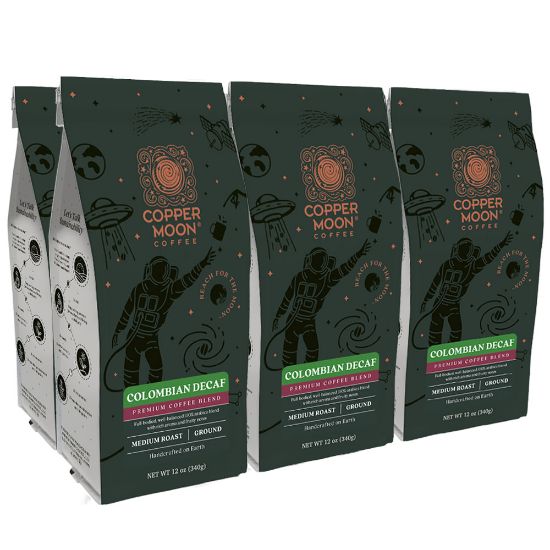 Picture of Copper Moon World Coffees Ground Coffee, Decaffeinated, Colombian, 12 Oz Per Bag, Carton Of 6 Bags