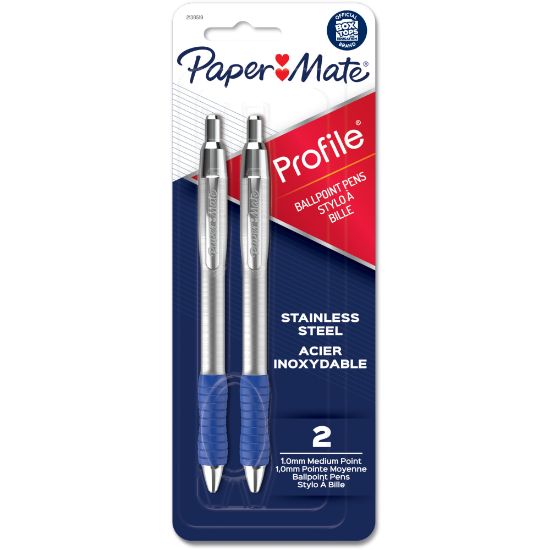 Picture of Paper Mate Profile Metal Barrel Ballpoint Pens, Medium Point, 1.0 mm, Silver Barrel, Blue Ink, Pack Of 2 Pens