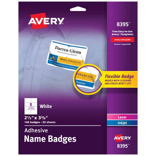 Picture of Avery Flexible Name Badge Labels, 2 1/3in x 3 3/8in, White, Box Of 160