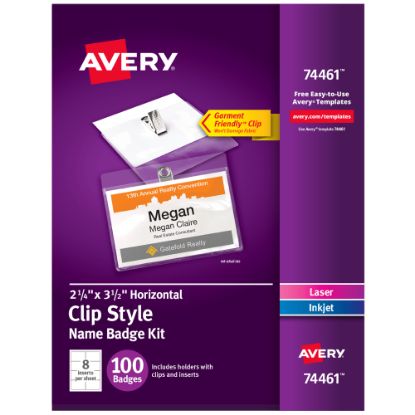 Picture of Avery Customizable Name Badges With Clips, Rectangle, 74461, 2-1/4in x 3-1/2in, Clear Holders With White Inserts, 100 Badges