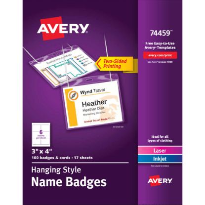 Picture of Avery Customizable Hanging Name Badges, Rectangle, 74459, 3in x 4in, Clear Holders With White Inserts, Box Of 100