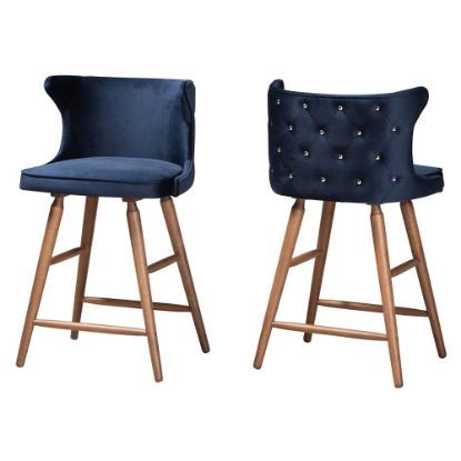 Picture of Baxton Studio Sagira Counter Stools, Navy Blue/Walnut, Set Of 2 Stools