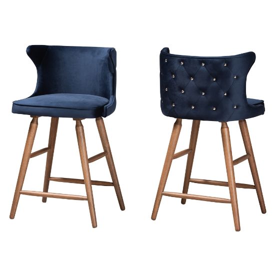 Picture of Baxton Studio Sagira Counter Stools, Navy Blue/Walnut, Set Of 2 Stools