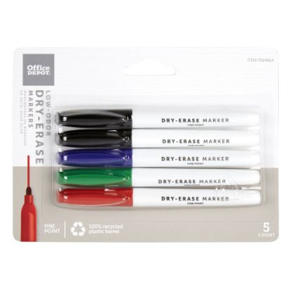 Picture of Office Depot Brand Low-Odor Pen-Style Dry-Erase Markers, Fine Point, 100% Recycled Plastic Barrel, Assorted Colors, Pack Of 5