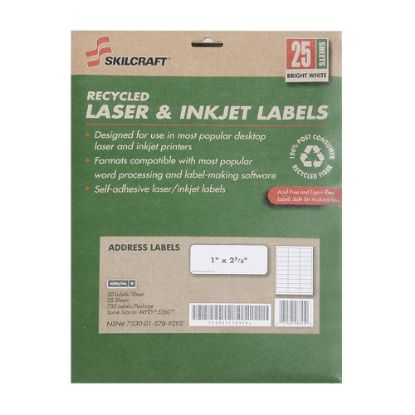 Picture of SKILCRAFT 100% Recycled Inkjet/Laser Address Labels, Rectangle, 1in x 2 5/8in, White, Box Of 25 Sheets (AbilityOne 7530-01-578-9292)