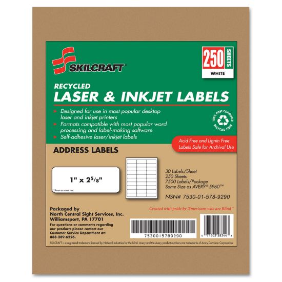 Picture of SKILCRAFT 100% Recycled Inkjet/Laser Address Labels, Rectangle, 1in x 2 5/8in, White, Box Of 250 Sheets (AbilityOne 7530-01-578-9290)