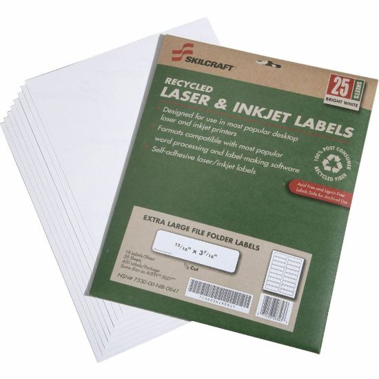 Picture of SKILCRAFT XL Inkjet/Laser File Folder Labels, Rectangle, 15/16in x 3 7/16in, 100% Recycled, White, Box Of 25 (AbilityOne 7530-01-578-9297)