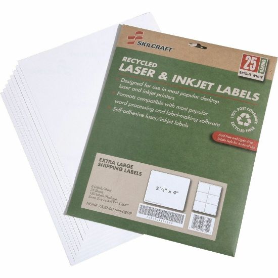 Picture of SKILCRAFT 100% Recycled Inkjet/Laser Shipping Labels, Rectangle, 3 1/3in x 4in, White, Pack Of 25 (AbilityOne 7530-01-578-9295)