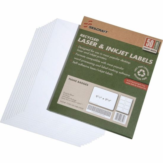 Picture of SKILCRAFT Laser/Inkjet Name Badge Labels, 2 1/3in x 3 3/8in, White, Pack Of 50 (AbilityOne 7530-01-578-9299)