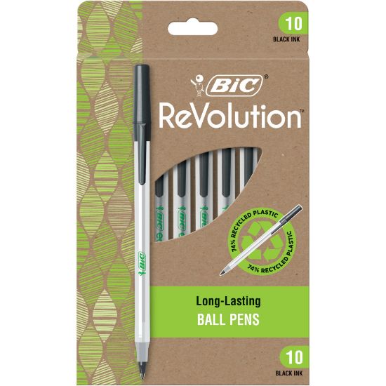 Picture of BIC ReVolution Round Stic Pens, Medium Point, 1.0 mm, 74% Recycled, Semi-Clear Barrel, Black Ink, Pack Of 10 Pens