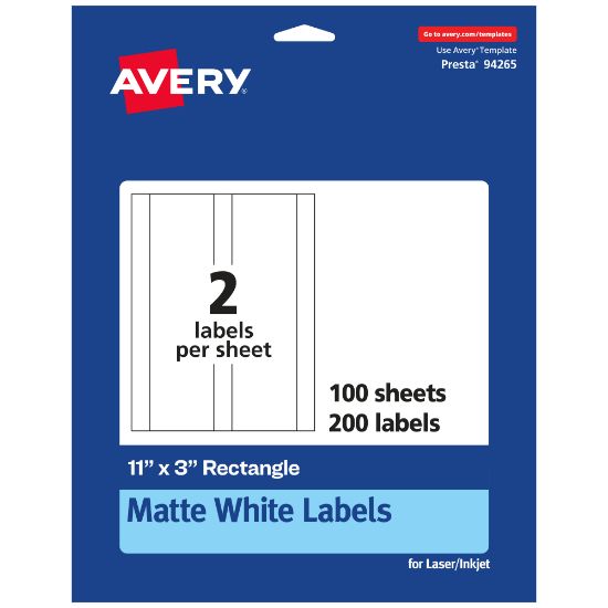 Picture of Avery Permanent Labels, 94265-WMP100, Rectangle, 11in x 3in, White, Pack Of 200