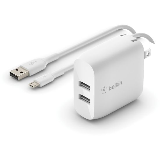 Picture of Belkin BoostCharge Dual USB-A Wall Charger 24W (USB-A to Micro-USB cable included) - Power Adapter - 1 Pack - 24 W - 4.80 A Output