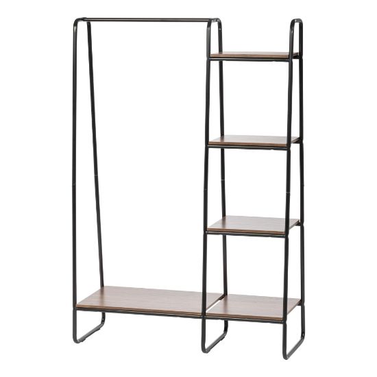 Picture of IRIS Metal Garment Rack With Wood Shelves, 59-1/2inH x 39-13/16inW x 15-3/4inD, Black/Dark Brown