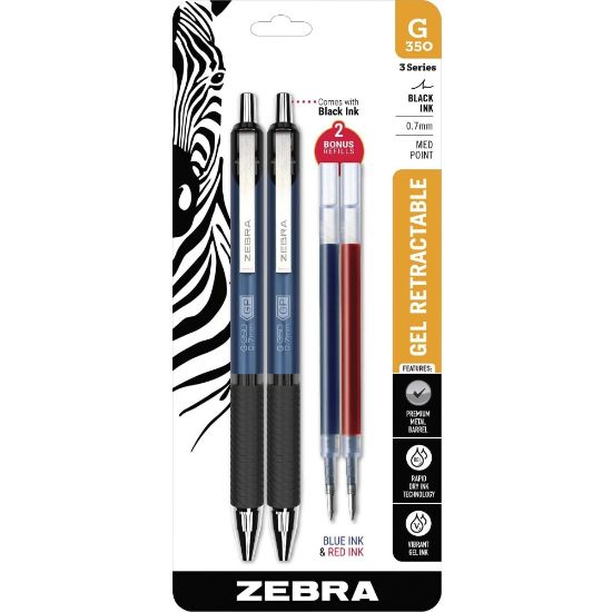 Picture of Zebra Pen STEEL 3 Series G-350 Retractable Gel Pens, Pack Of 2, Medium Point, 0.7 mm, Black Barrel, Black Ink