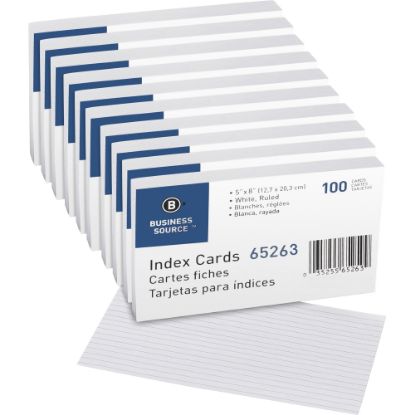 Picture of Business Source Ruled White Index Cards - Front Ruling Surface - Ruled - 72 lb Basis Weight - 5in x 8in - White Paper - 500 / Box