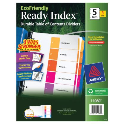 Picture of Avery Ready Index 100% Recycled Dividers, 1-5 Tabs & Customizable Table Of Contents, Letter Size, White Dividers/Multicolor Tabs, Pack Of 3 Sets