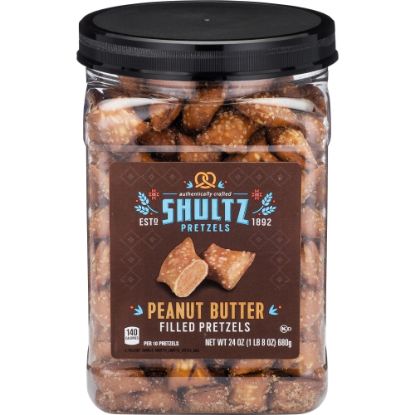 Picture of Office Snax Peanut Butter Filled Pretzels - Resealable Tub - Peanut Butter - 1.50 lb - 1 Each