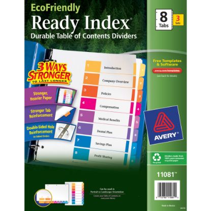 Picture of Avery Ready Index Eco-Friendly 100% Recycled Dividers, 1-8 Tabs & Customizable Table Of Contents, Letter Size, White Dividers/Multicolor Tabs, Pack Of 3 Sets