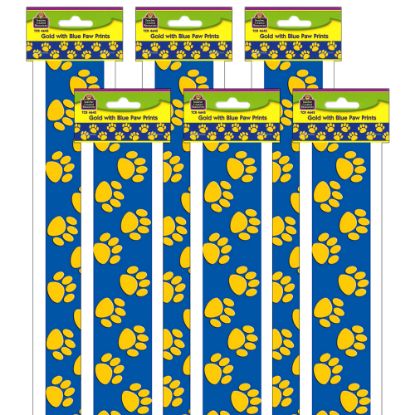 Picture of Teacher Created Resources Straight Border Trim, 3in x 35in, Blue/Gold Paw Prints, 12 Pieces Per Pack, Set Of 6 Packs