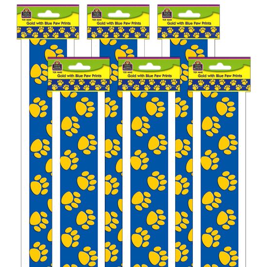 Picture of Teacher Created Resources Straight Border Trim, 3in x 35in, Blue/Gold Paw Prints, 12 Pieces Per Pack, Set Of 6 Packs