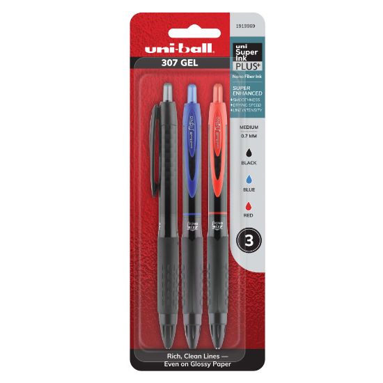 Picture of uni-ball 307 Gel Pens, Medium Point, 0.7 mm, Black Barrel, Assorted Ink Colors, Pack Of 3