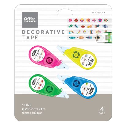 Picture of Office Depot Brand Decorative Tape With Dispensers, 0.236in x 4.36 Yd, Assorted Colors/Designs, Pack Of 4 Rolls