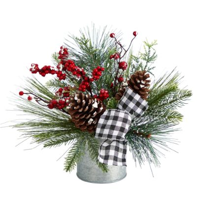 Picture of Nearly Natural 12inH Frosted Pine Cones And Berries Artificial Arrangement With Vase And Decorative Plaid Bow, 12inH x 10inW x 8inD, Green/Silver