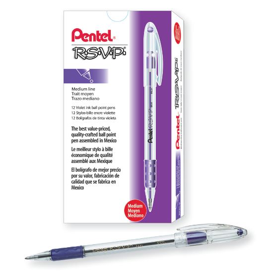 Picture of Pentel R.S.V.P. Ballpoint Pens, Medium Point, 1.0 mm, Clear Barrel, Violet Ink, Pack Of 12