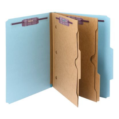 Picture of Smead Pressboard Classification Folders With SafeSHIELD Fasteners And 2 Pocket Dividers, Letter Size, 100% Recycled, Blue, Box Of 10