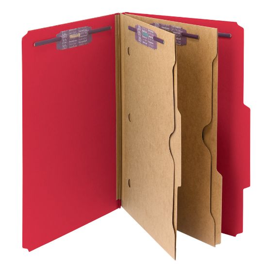 Picture of Smead Pressboard Classification Folders With SafeSHIELD Fasteners And 2 Pocket Dividers, Legal Size, Bright Red, Box Of 10