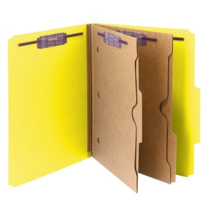 Picture of Smead Pressboard Classification Folders With SafeSHIELD Fasteners And 2 Pocket Dividers, Letter Size, 50% Recycled, Yellow, Box Of 10