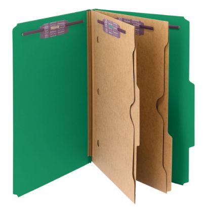 Picture of Smead Pressboard Classification Folders With SafeSHIELD Fasteners And 2 Pocket Dividers, Legal Size, 50% Recycled, Green, Box Of 10