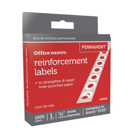 Picture of Office Depot Brand Permanent Self-Adhesive Reinforcement Labels, 1/4in Diameter, White, Pack Of 1,000