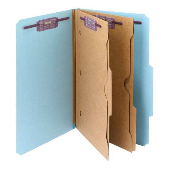 Picture of Smead Pressboard Classification Folders With SafeSHIELD Fasteners And 2 Pocket Dividers, Legal Size, 50% Recycled, Blue, Box Of 10