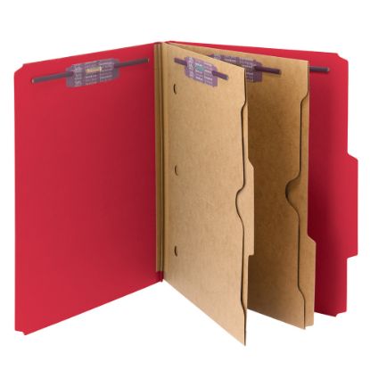 Picture of Smead Pressboard Classification Folders With SafeSHIELD Fasteners And 2 Pocket Dividers, Letter Size, 100% Recycled, Bright Red, Box Of 10