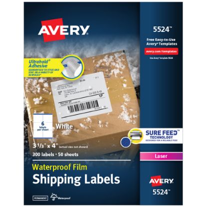 Picture of Avery Waterproof Labels With Ultrahold, 05524, Rectanlge, 3-1/3in x 4in, White, 300 Labels For Laser Printers