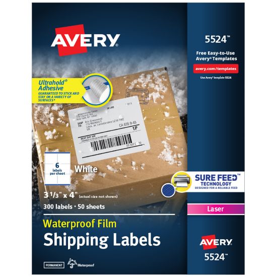 Picture of Avery Waterproof Labels With Ultrahold, 05524, Rectanlge, 3-1/3in x 4in, White, 300 Labels For Laser Printers