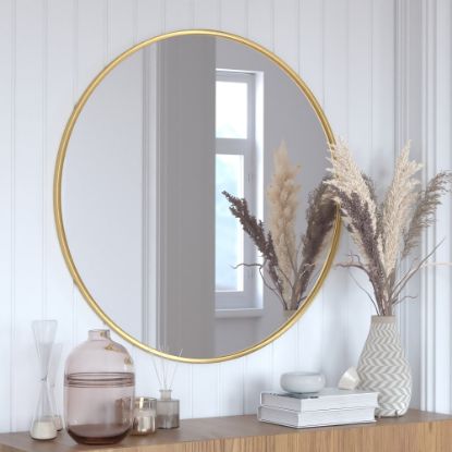 Picture of Flash Furniture Julianne Round Metal-Framed Wall Mirror, 36inH x 36inW x 3/4inD, Gold