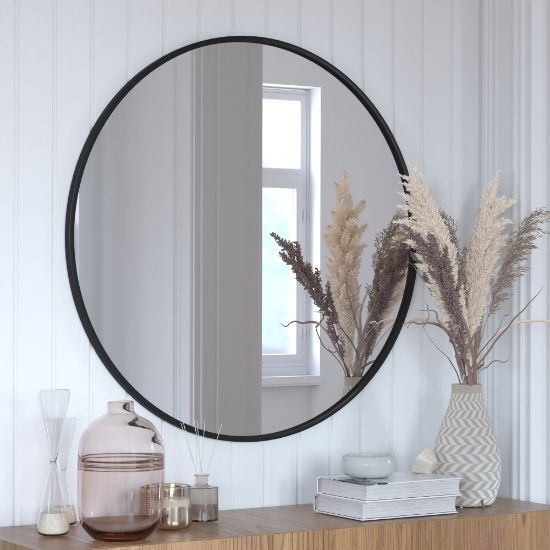 Picture of Flash Furniture Julianne Round Metal-Framed Wall Mirror, 36inH x 36inW x 3/4inD, Black