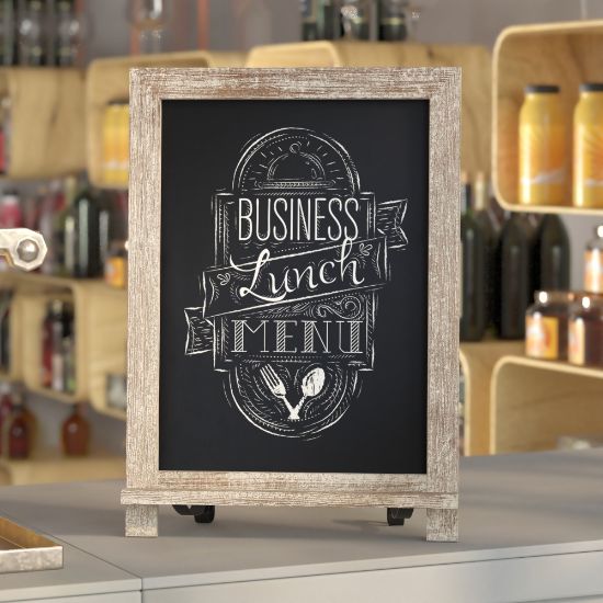 Picture of Flash Furniture Canterbury Tabletop Magnetic Chalkboard Sign With Scrolled Legs, Porcelain Steel, 17inH x 12inW x 1-7/8inD, Weathered Brown Wood Frame