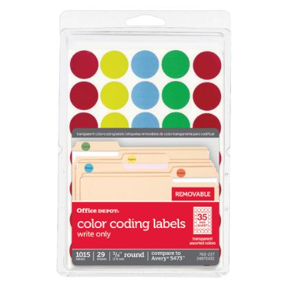 Picture of Office Depot Brand See-Thru Removable Color Dots, OD98808, 3/4in Diameter, Assorted Colors, Pack Of 1,015