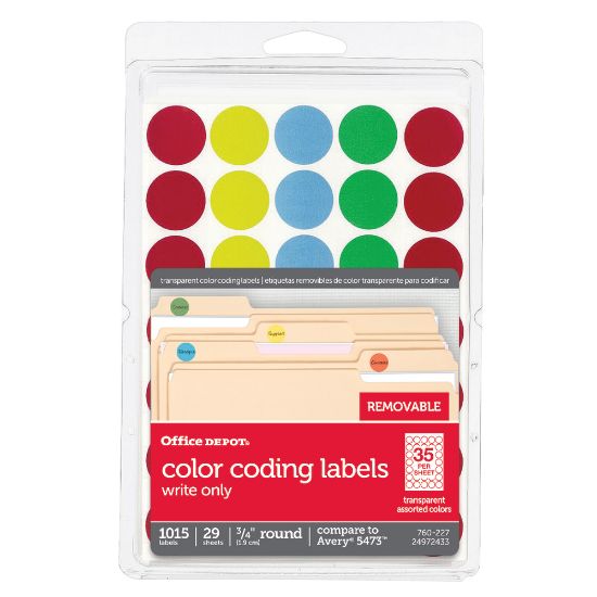 Picture of Office Depot Brand See-Thru Removable Color Dots, OD98808, 3/4in Diameter, Assorted Colors, Pack Of 1,015