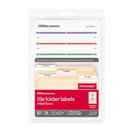 Picture of Office Depot Brand Print-Or-Write Color Permanent File Folder Labels, OD98815, Rectangle, 5/8in x 3 1/2in, Assorted Colors, Pack Of 252