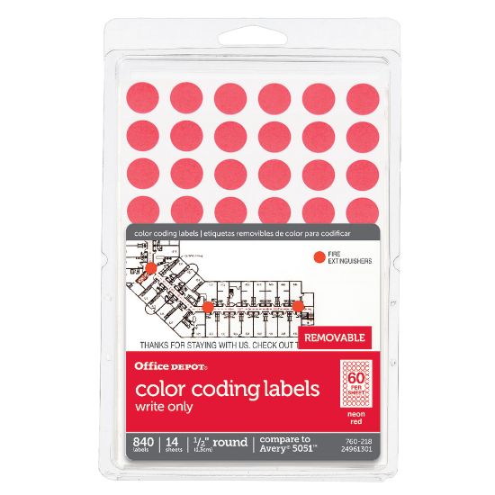 Picture of Office Depot Brand Removable Round Color-Coding Labels, OD98801, 1/2in Diameter, Red Glow, Pack Of 840