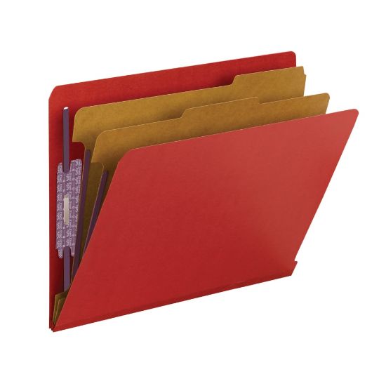 Picture of Smead End-Tab Classification Folders, 8 1/2in x 11in, 2 Divider, 2 Partition, Bright Red, Pack Of 10