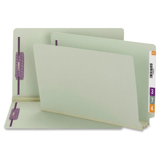 Picture of Smead End Tab Pressboard Fastener Folders with SafeSHIELD, 8 1/2in x 14in, 3in Expansion, Gray/Green, Box Of 25