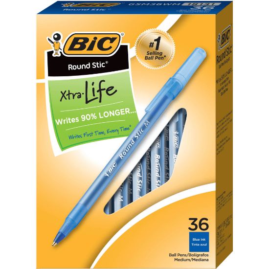 Picture of BIC Round Stic Xtra Life Ballpoint Pens, Medium Point, 1.0 mm, Translucent Barrel, Blue Ink, Pack Of 36 Pens