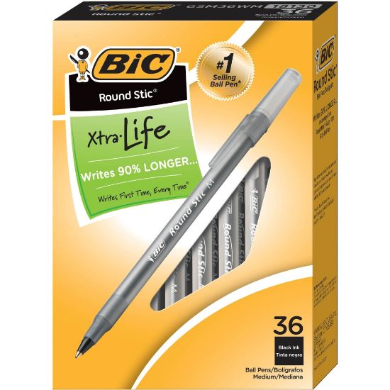 Picture of BIC Round Stic Xtra Life Ballpoint Pens, Medium Point, 1.0 mm, Translucent Barrel, Black Ink, Pack Of 36 Pens