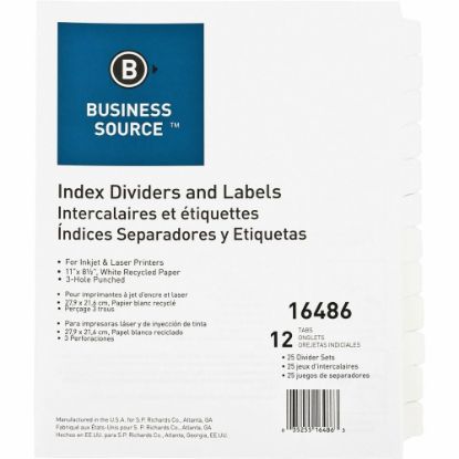 Picture of Business Source Customize 12-Tab Index Dividers - 12 x Divider(s) - 12 Print-on Tab(s) - 8.3in Divider Width - 3 Hole Punched - White Divider - White Tab(s) - Recycled - Punched, Mylar Reinforcement - 25 / Box